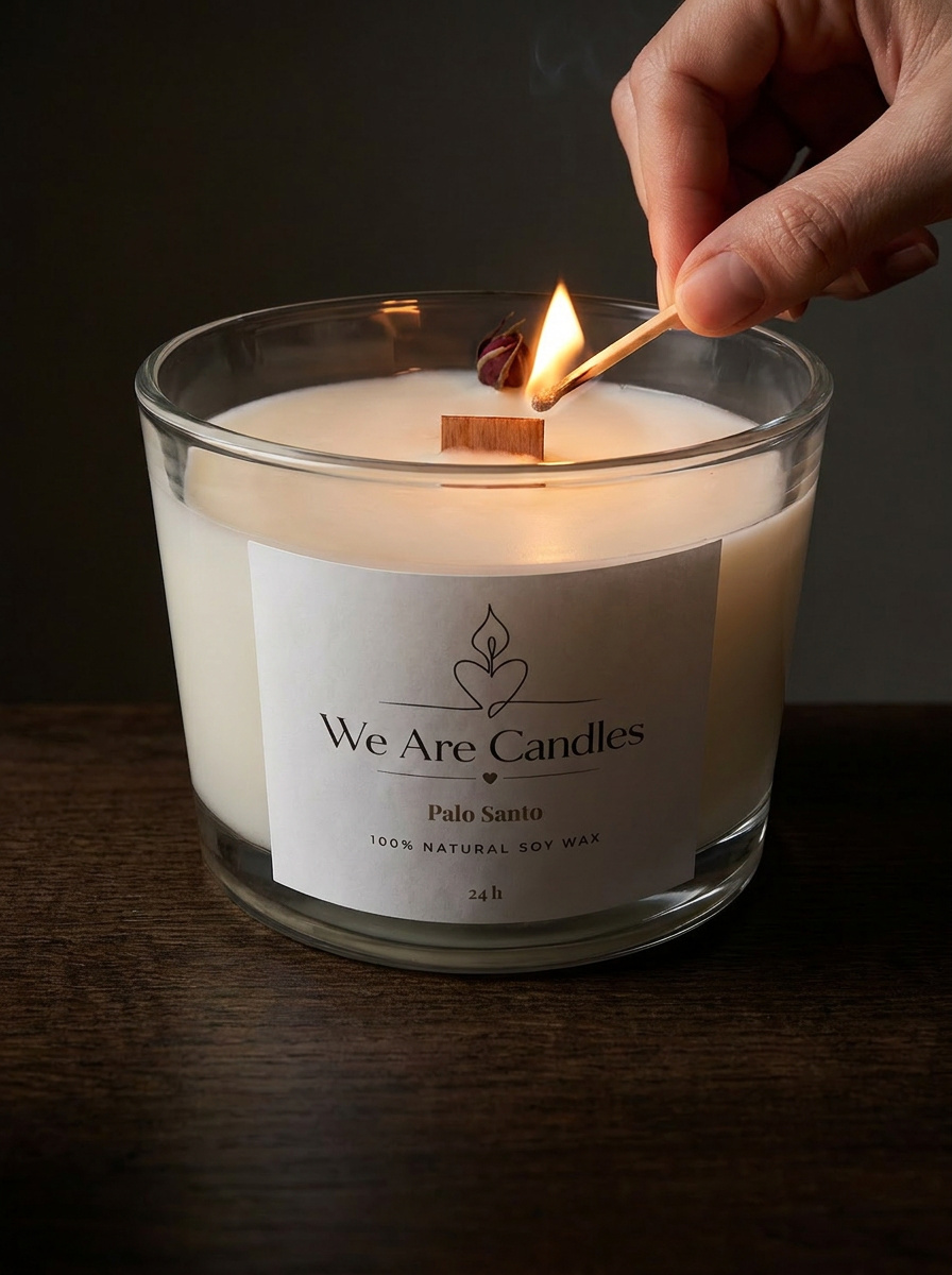 Palo Santo свещ с дървен фитил в малка чашка — We Are Candles